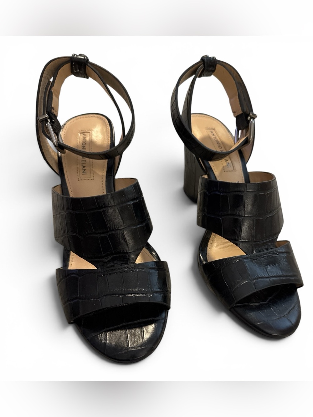 Antonio Melani Black Croc-Embossed Leather Ankle-Strap Sandals 2.5 Heel Size 6M